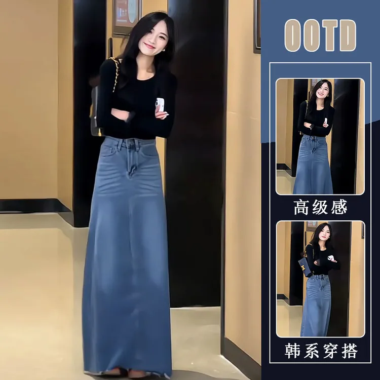 纯色设计感小众黑色T恤+高腰A字大摆牛仔裙春季穿搭减龄一整套女