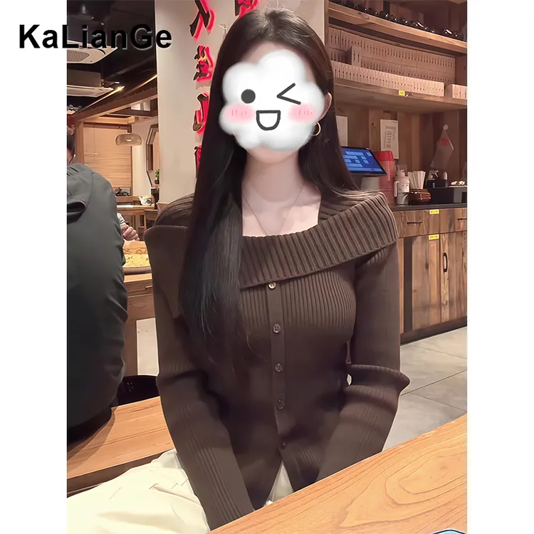 卡莲格/小众设计感套头针织毛衣女秋冬韩系翻领一字肩打底衫上衣