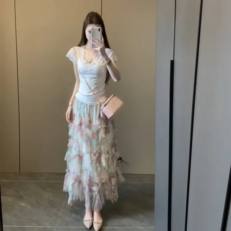 纯欲风性感蕾丝拼接V领短袖T恤女夏季网纱水彩碎花大摆蛋糕裙套装