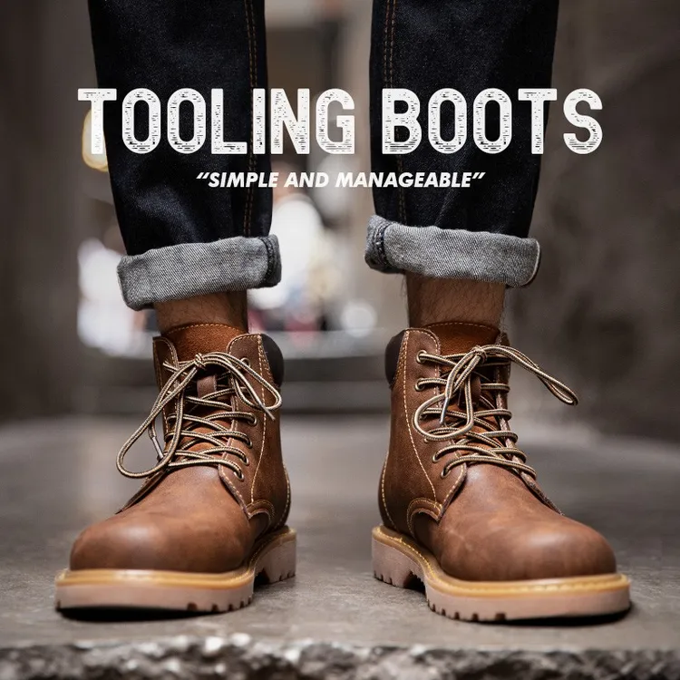 MRA裂纹疯马工装靴男冬季加绒雪地棉鞋美式复古中帮马丁靴短靴子