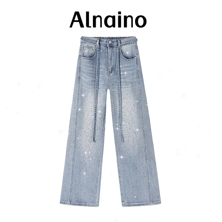 10359【爱奈奴】春季胖MM时尚烫钻直筒裤子大码女装高腰弹力哈伦牛仔裤