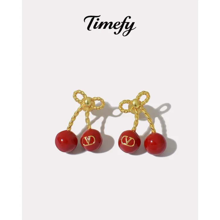 铜合金仿珍珠耳饰 法式气质时尚轻奢少女高级感蝴蝶结樱桃耳环