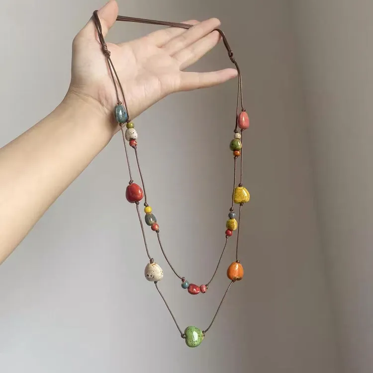 非金属陶瓷项链 彩虹糖果~陶瓷爱心锁骨链女多巴胺双层叠戴项链夏