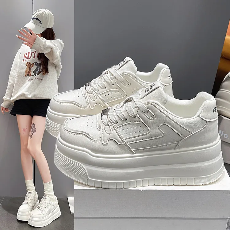 2025春季新款韩版圆头系带时尚增高厚底休闲运动小白鞋女学生女鞋