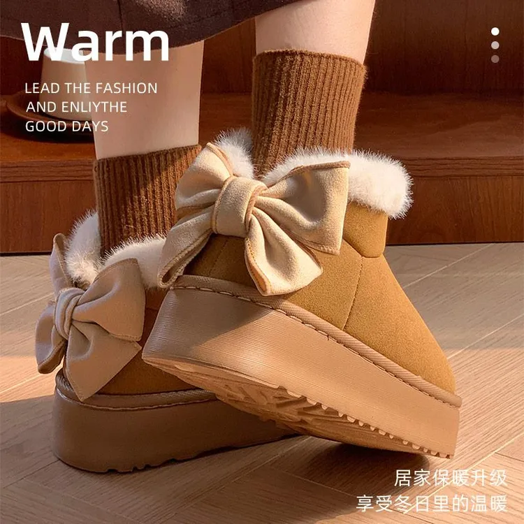蝴蝶结棉鞋女新款可外穿冬季小香风棉拖鞋厚底增高加绒雪地靴百搭