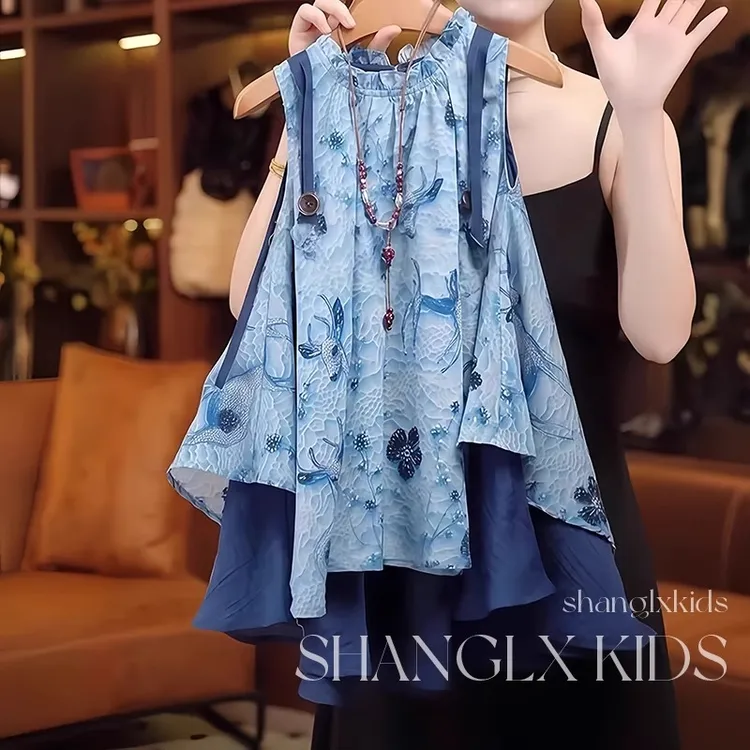 高级女童绝美小裙子蓝色连衣裙夏季2025新款儿童背心裙夏装薄款潮