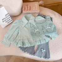 女童秋季可爱时髦套装儿童女宝宝针织马甲衬衫牛仔喇叭裤三件套潮