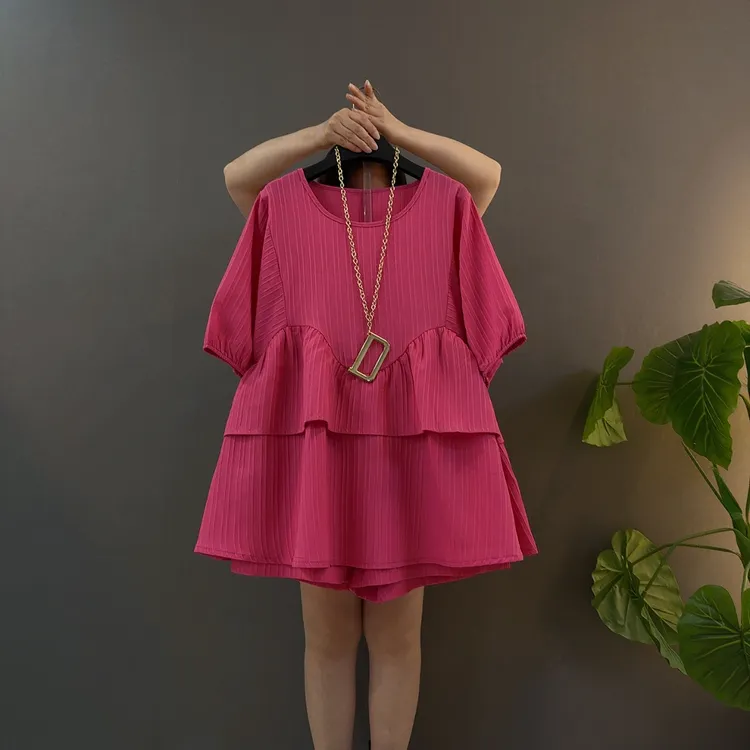 法式宽松短袖不规则气质中袖拼接T恤韩版复古上衣短裤套装