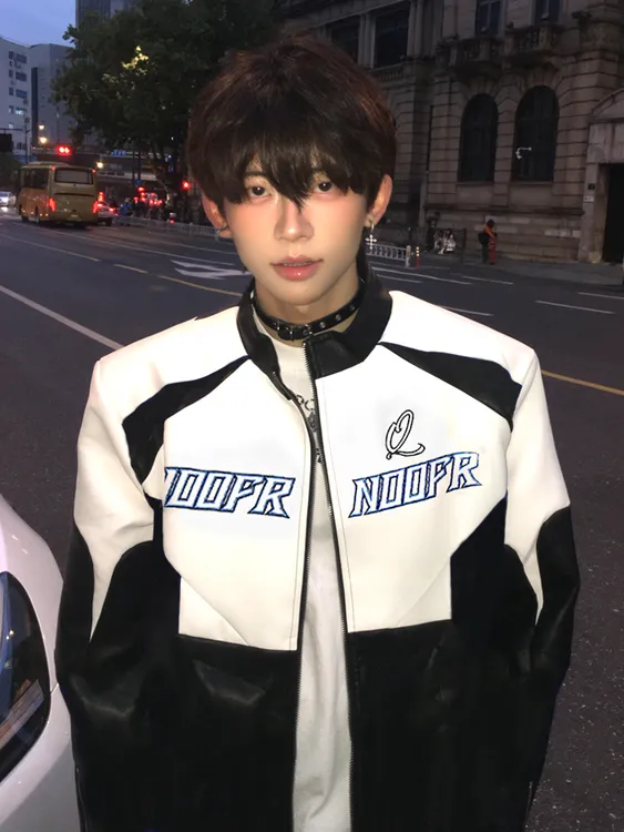 嘻哈高街设计感刺绣拼接pu皮衣夹克男秋季宽松痞帅赛车机车服外套