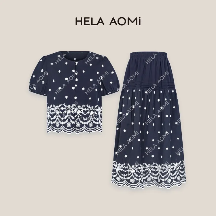 HELAAOMI “棉100% 夏日雏菊”刺绣花裙泡泡袖半身裙套装CY5BC99420