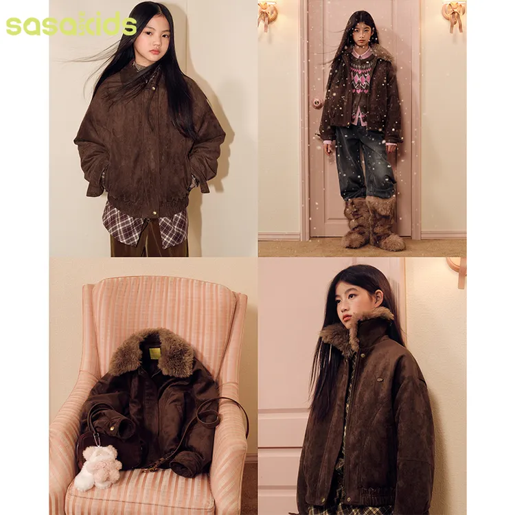 sasakids秋冬款高智暖仿麂皮可脱卸毛领外套时髦百搭上衣童装