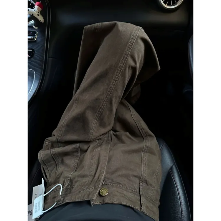 美拉德复古棕色弯刀牛仔裤女秋冬2025新款高腰宽松直筒阔腿长裤子