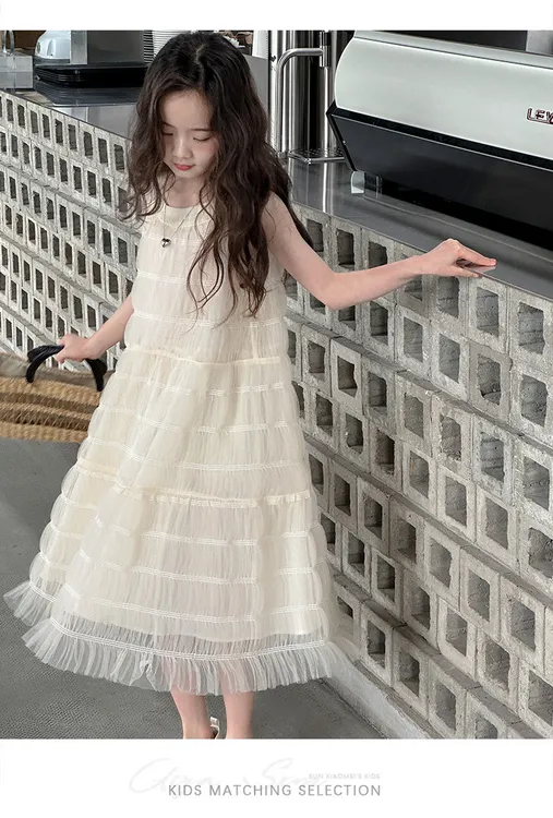 童装女生连衣裙夏季无袖背心裙网纱纯色公主长裙儿童气质