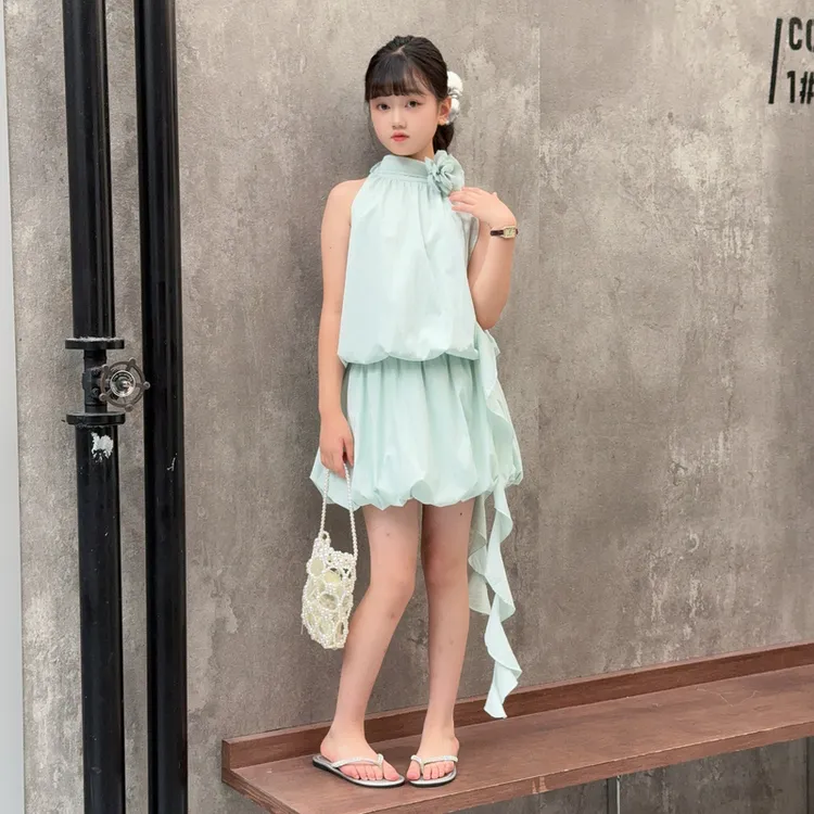 女童套装夏季新款时尚甜美法式薄荷绿挂脖小花上衣花苞裙套装