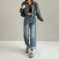 高腰翻边弹力直筒牛仔裤女2025秋季新款修身显瘦百搭垂感宽松裤子