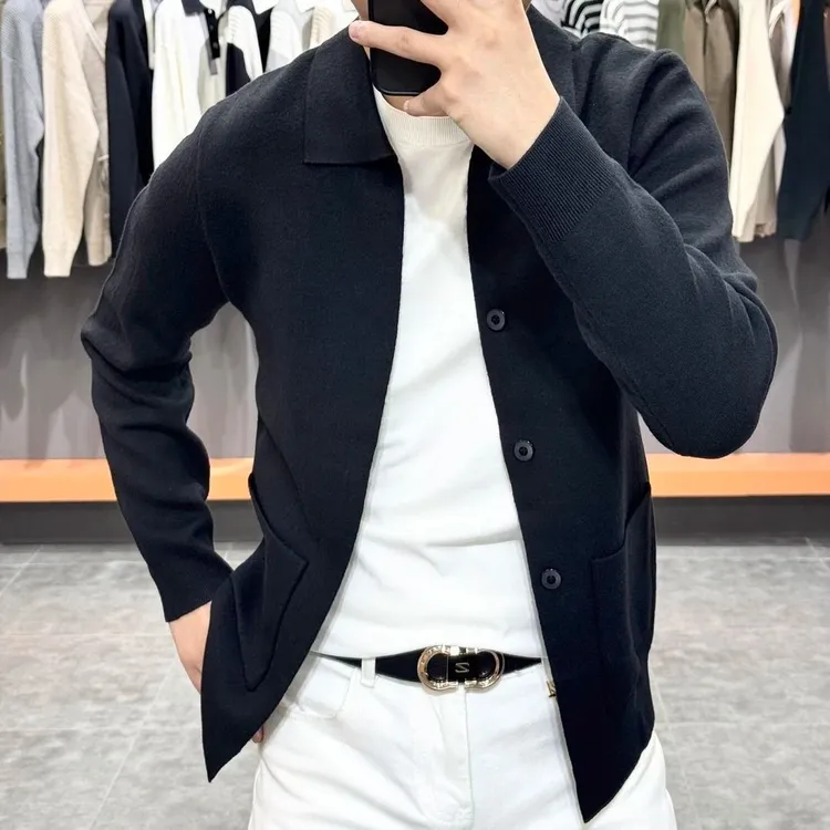 高档翻领针织短款开衫外套男士秋冬季新款时尚潮百搭休闲上衣潮