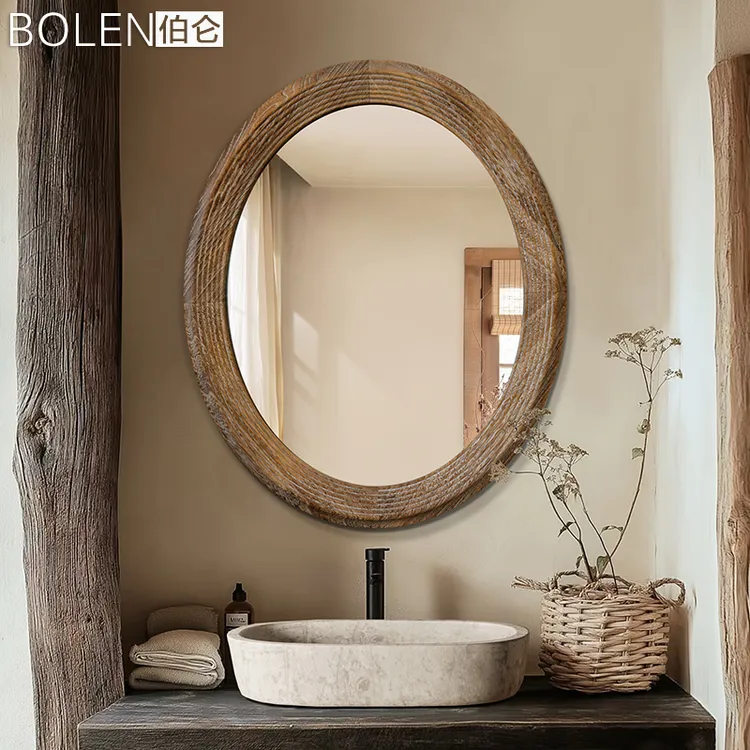 BOLEN 侘寂实木浴室镜民宿风餐边柜斗柜装饰镜卫生间洗手间圆镜子