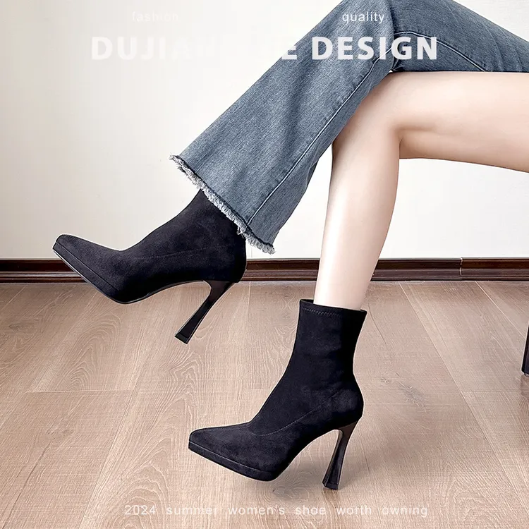 秋冬新款黑色弹力靴防水台中筒高跟靴单靴尖头袜靴女靴瘦瘦靴短靴