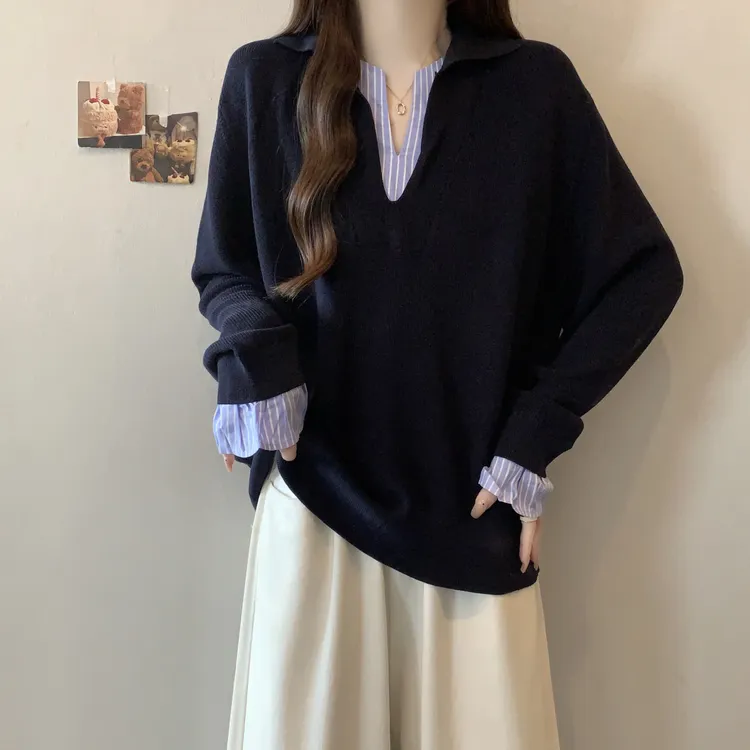 大码学院风假两件拼接针织衬衫女春秋显瘦胖mm显瘦减龄遮肚子上衣