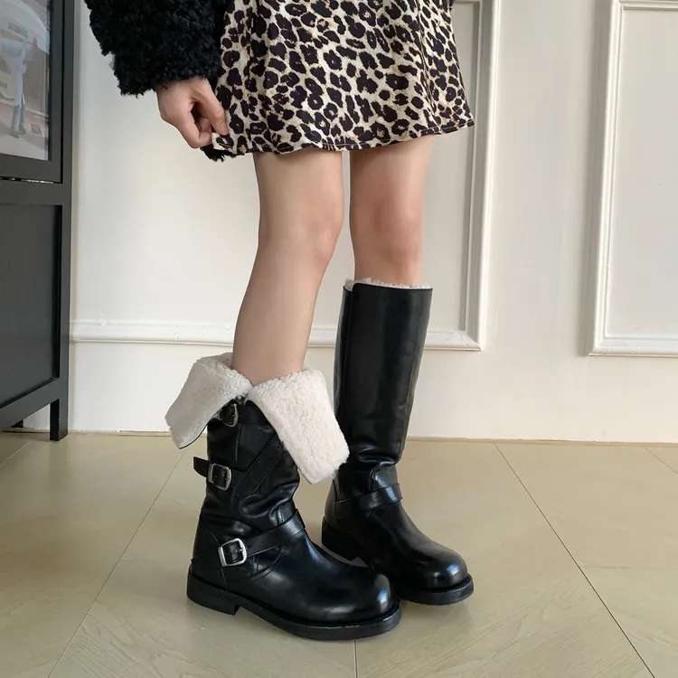 水洗马皮100的羊毛皮毛一体保暖长靴25冬季长筒雪地靴