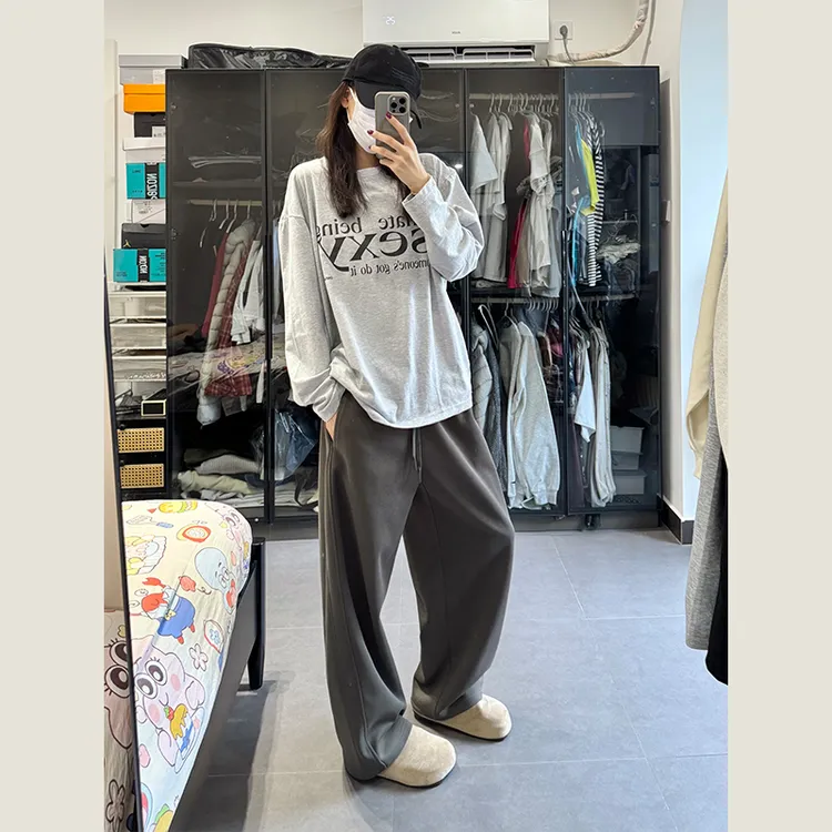 No talking春秋款墨绿色卫裤男款宽松直通休闲裤子男生长裤弯刀裤