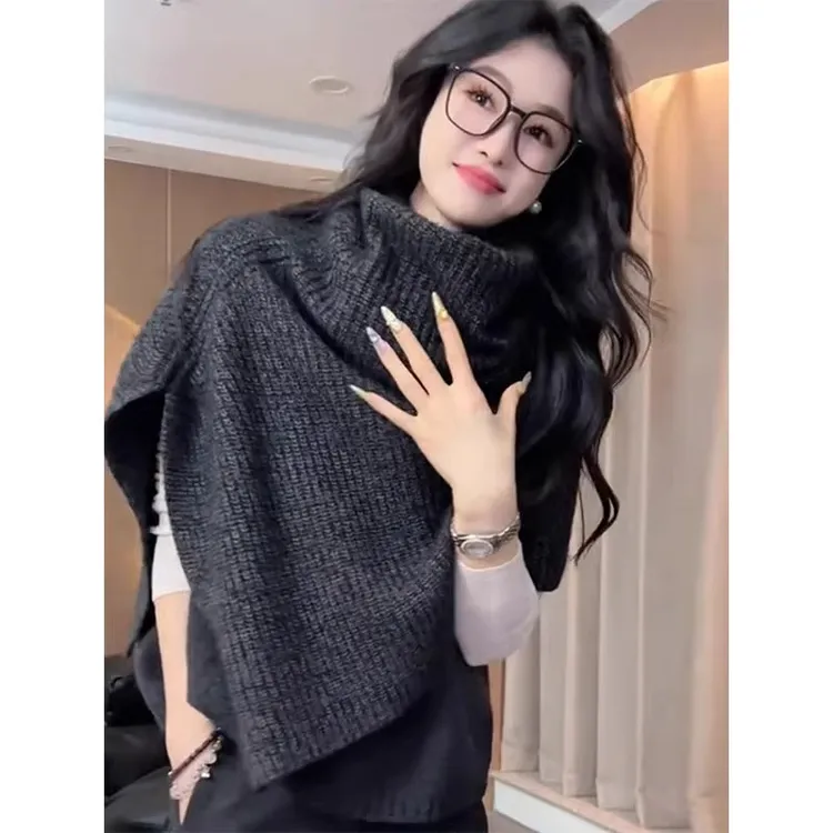 时髦深灰色百搭针织围脖围巾披肩针织女外搭叠穿保暖脖套开叉围脖