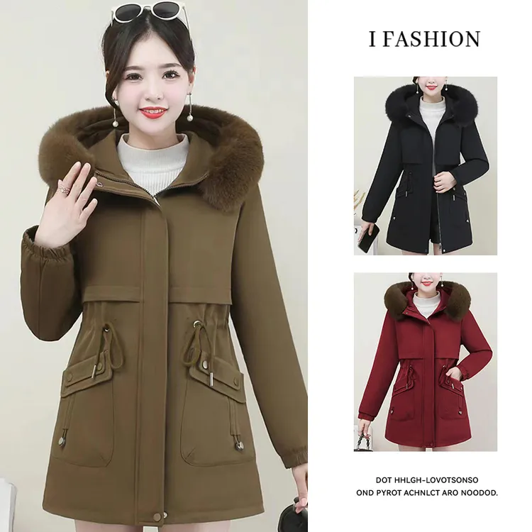 加绒加厚时尚连帽棉服女2025冬季高级感保暖毛领中长款棉衣外套