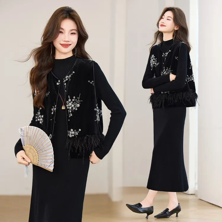 新中式国风夹棉丝绒马甲套装女2025冬季新款优雅气质连衣裙两件套