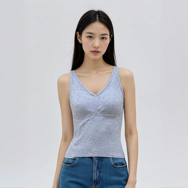 櫟丝御锦柞蚕丝女式V领背心自带胸垫可拆卸保暖舒适百搭 002