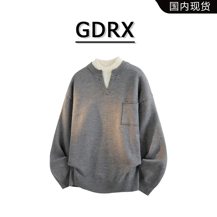 GDRX韩系潮牌假两件V领毛衣男款秋冬季宽松百搭高级感针织衫上衣