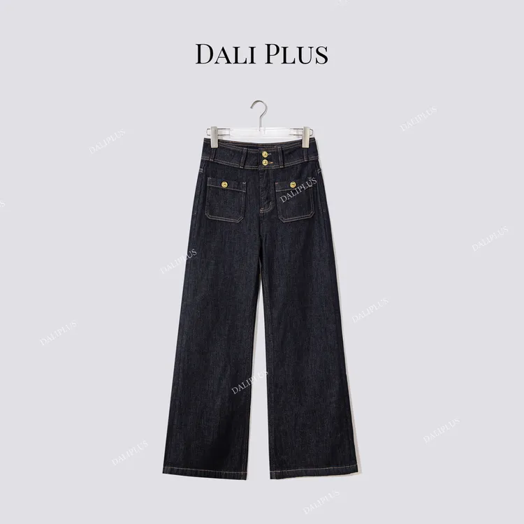 DALI PLUS“加绒丹宁牛仔喇叭裤”高腰两粒扣百搭长裤-D5MM3123