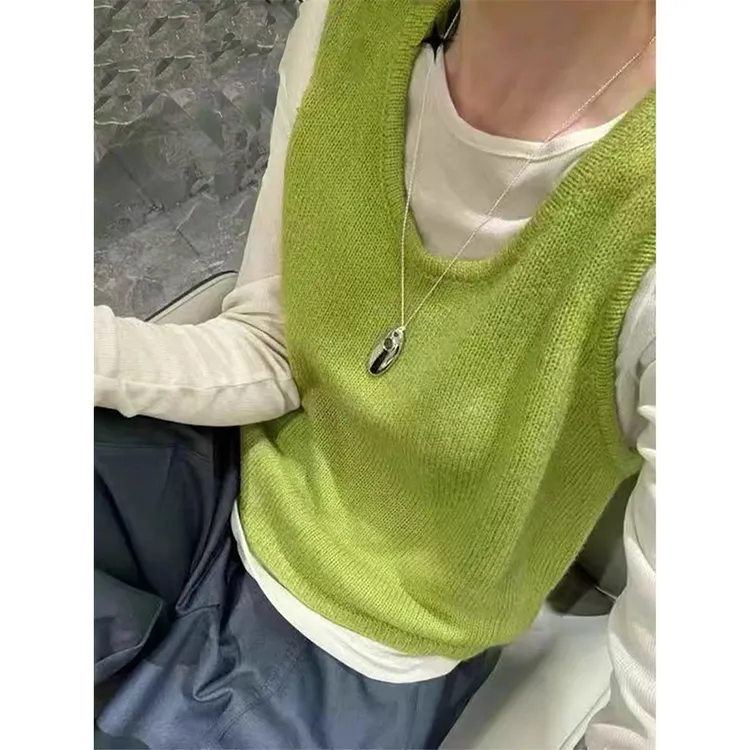 【丹姐家~绿色马甲两件套】韩系针织马甲长袖温柔两件套