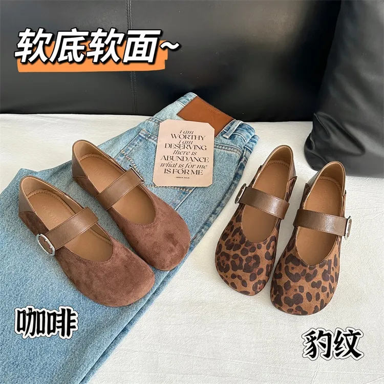 爆款玛丽珍鞋女2025秋季新款舒适豹纹软皮百搭复古一字带浅口单鞋
