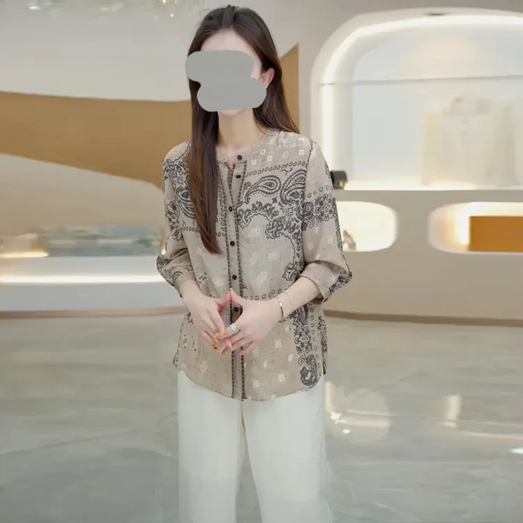 复古民族风印花圆领衬衫2025年夏季新款高级感休闲独特气质上衣女