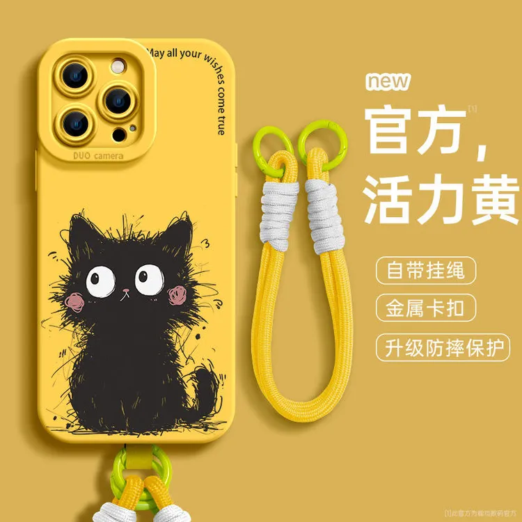 适用苹果16手机壳新款iphone15可爱小猫14女款13plus带挂绳17全包