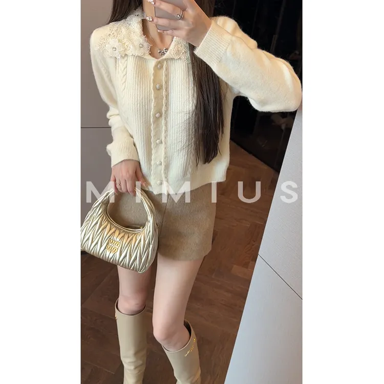 【mimius】P 羊毛软糯翻领镂空小花针织开衫 WG12019