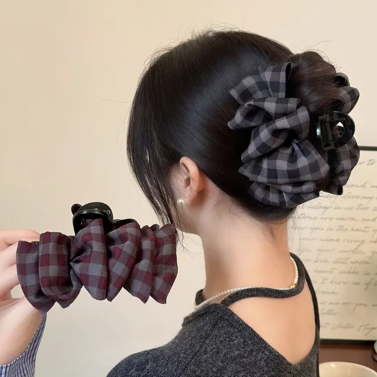 韩系简约百搭格子云朵泡泡抓夹气质鲨鱼抓夹