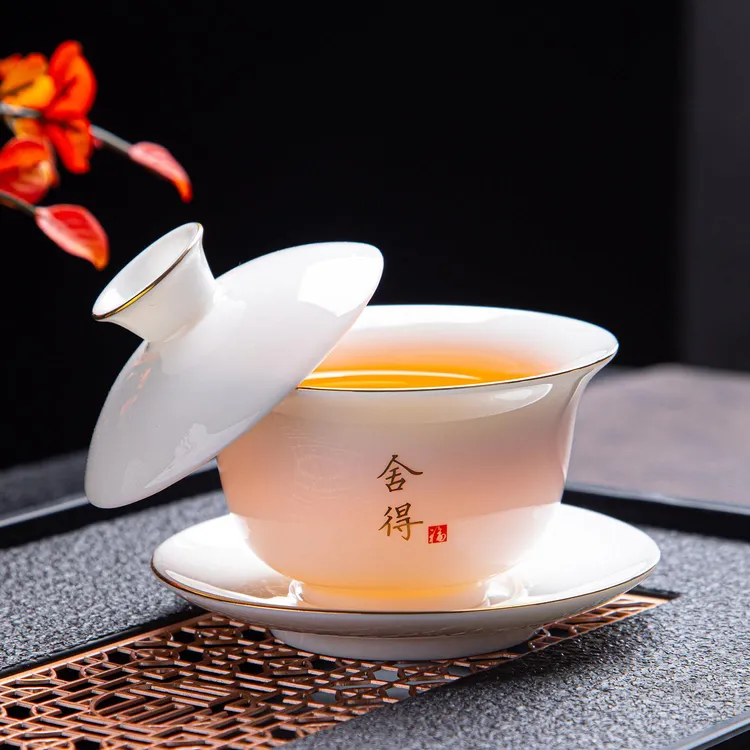 范哲萨德化羊脂玉悬停白瓷盖碗陶瓷手工大号泡茶器家用功夫茶具三