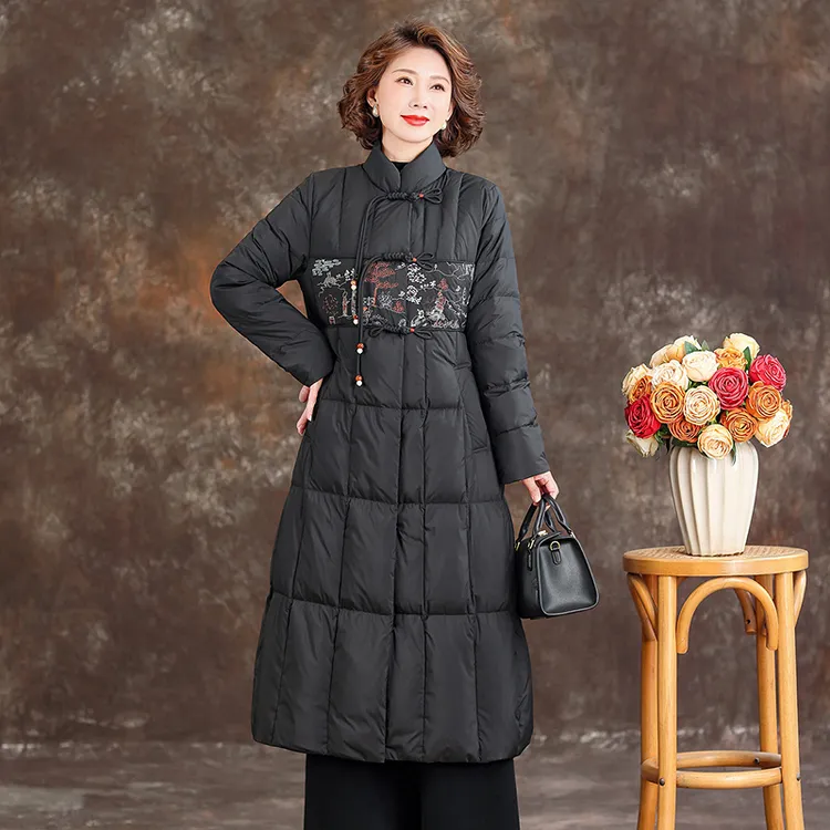 新中式妈妈冬天外套羽绒服2024新款正品加厚过膝白鸭绒长款外套