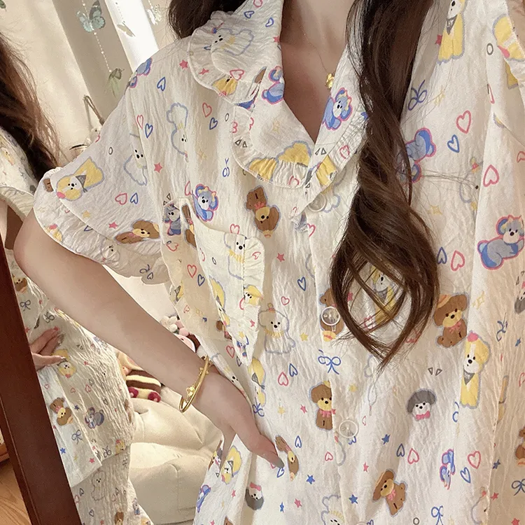 彩绘狗狗带胸垫三件套睡衣少女夏季短袖可爱卡通ins风长裤家居服