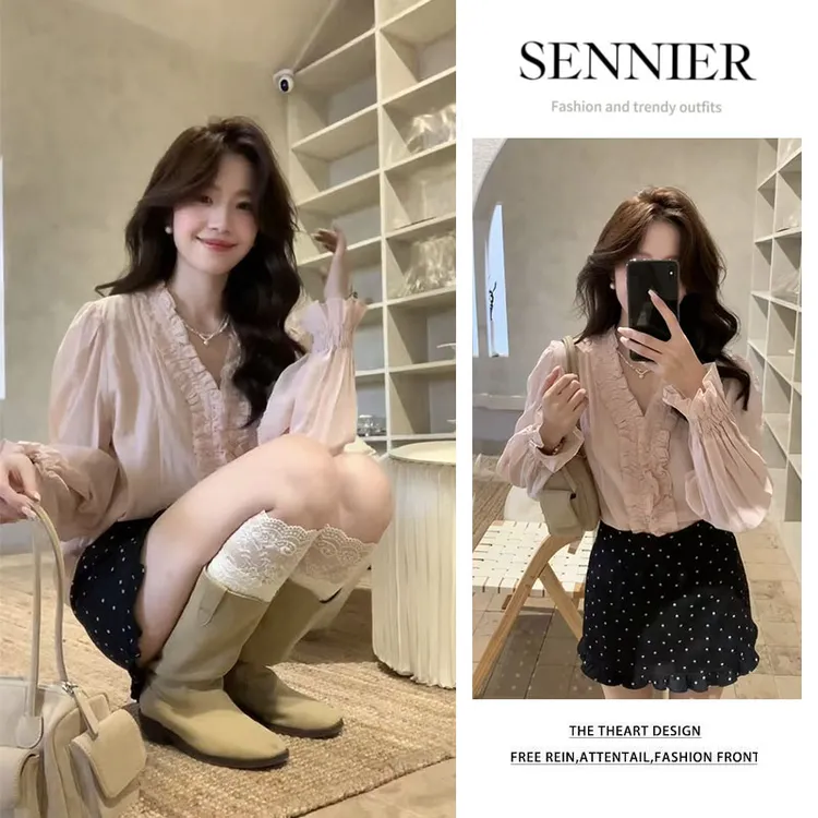 韩系穿搭2025秋季新款百搭木耳边V领长袖衬衫显瘦波点短裙两件套