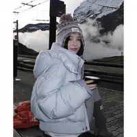 蓝色连帽短款棉服女冬季2025新款宽松加厚百搭保暖棉袄面包服外套