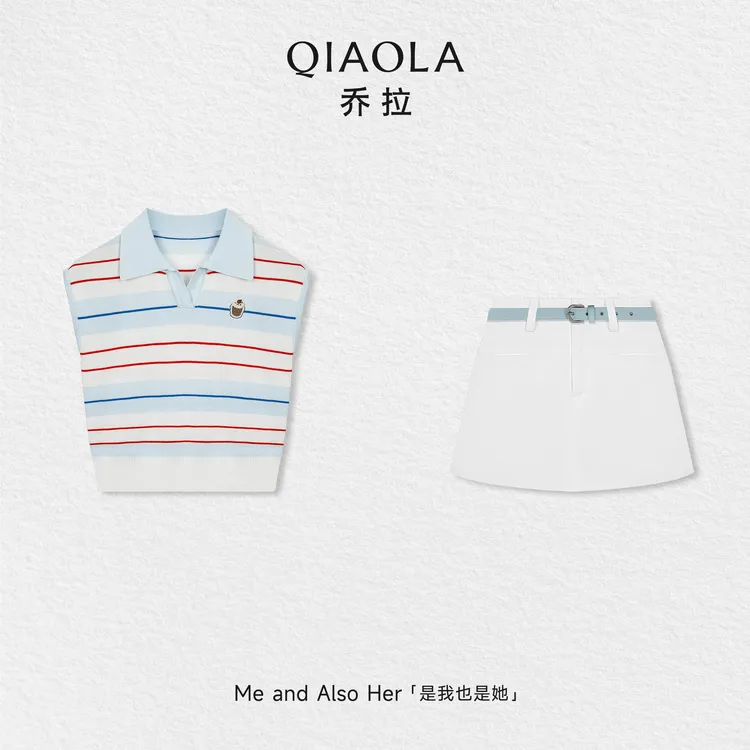 QIAOLA/乔拉【冰淇淋日记】夏季休闲简约风POLO领无袖上衣A字半裙