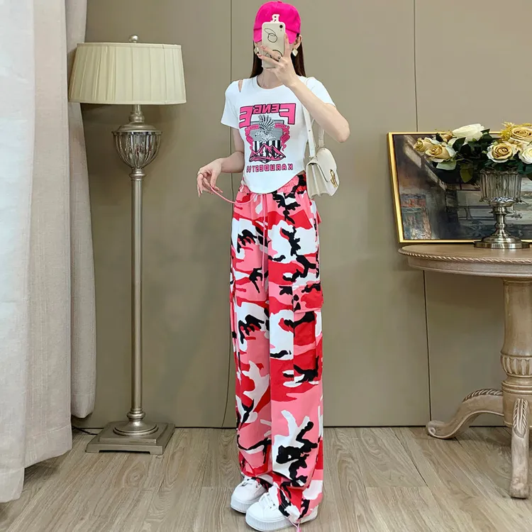 夏季新款时尚休闲套装女装开叉恤衫搭配迷彩工装裤时尚两件套