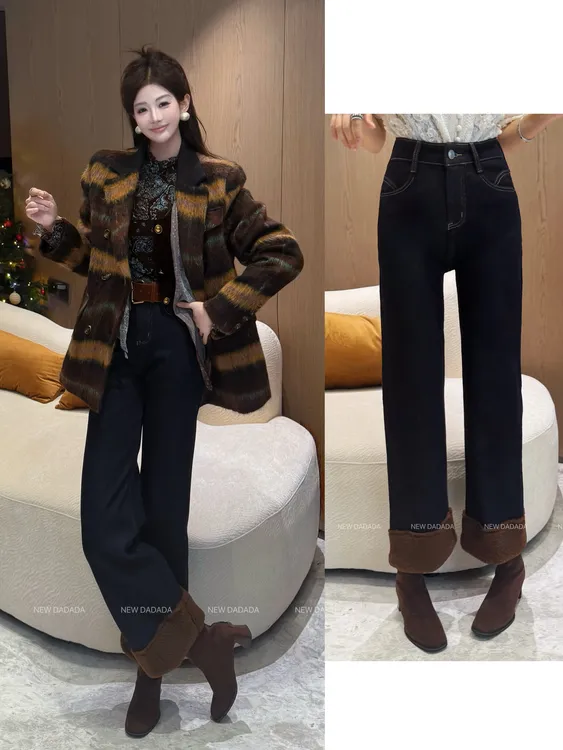 利达 NEW DADADA 做旧加绒阔腿牛仔裤显瘦高腰宽松直筒裤QDM3374