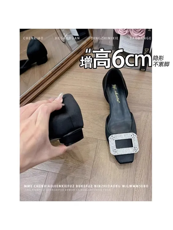 不累脚！缎面水钻方扣内增高6CM玛丽珍鞋女2025新款浅口方头单鞋