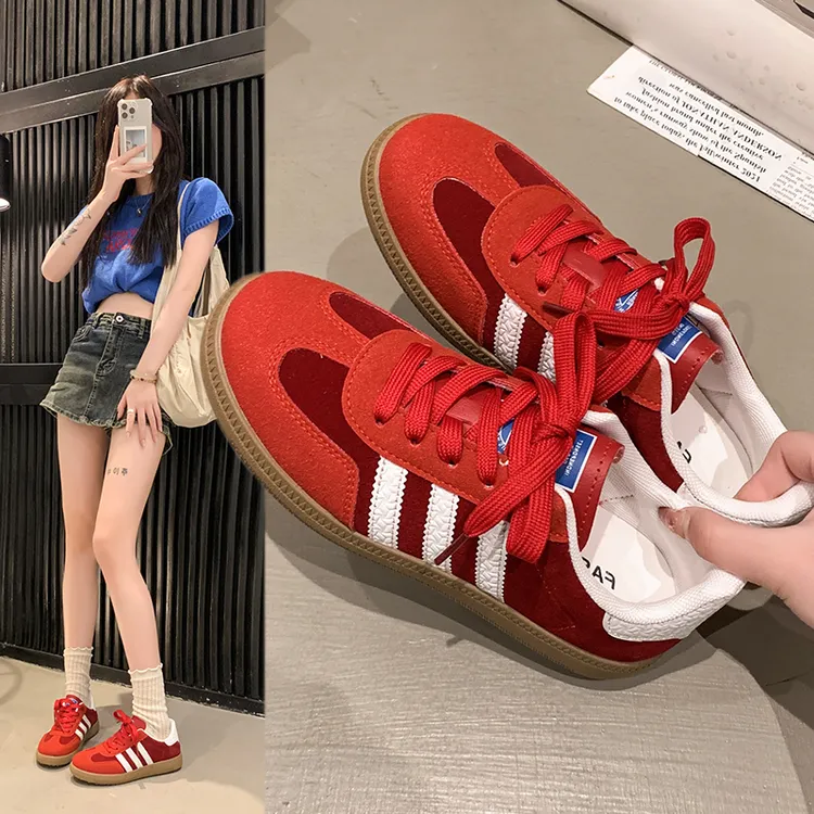 真皮安吉拉红磨砂德训鞋女2025秋季时尚新款厚底增高休闲运动板鞋