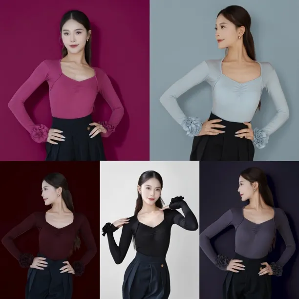 国标舞服长袖拉丁舞服摩登舞气质显瘦修身花朵袖上衣女新款秋冬