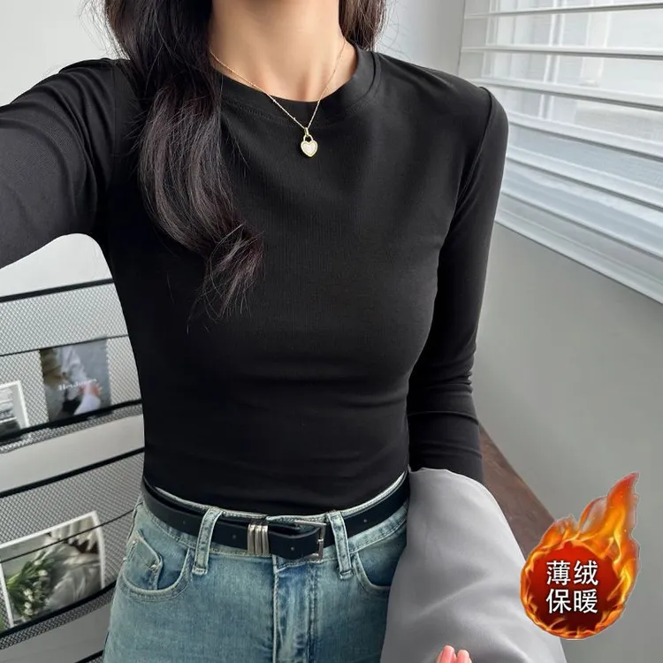 法式长袖t恤女圆领正肩辣妹修身体恤秋冬打底衫高档薄绒保暖上衣