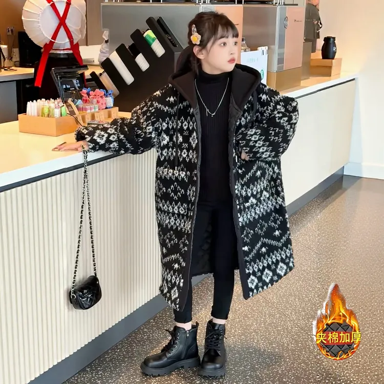 女童冬季新款韩系宽松时髦费尔岛连帽夹棉长款外套潮